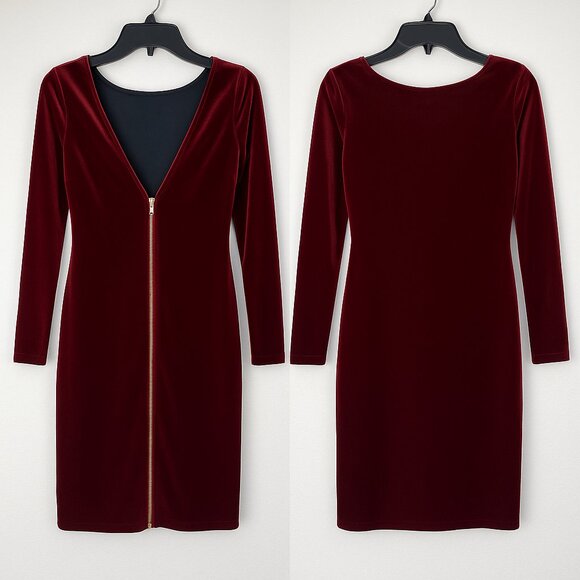 Boston Proper Burgundy Red Velvet Gold Zipper Long Sleeve Mini Sheath Dress Sz 2 - Picture 1 of 12